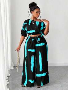 Maweii Plus Size Fashionable Asymmetric Collar Printed 2 Pieces Set - Multicolor - View 1