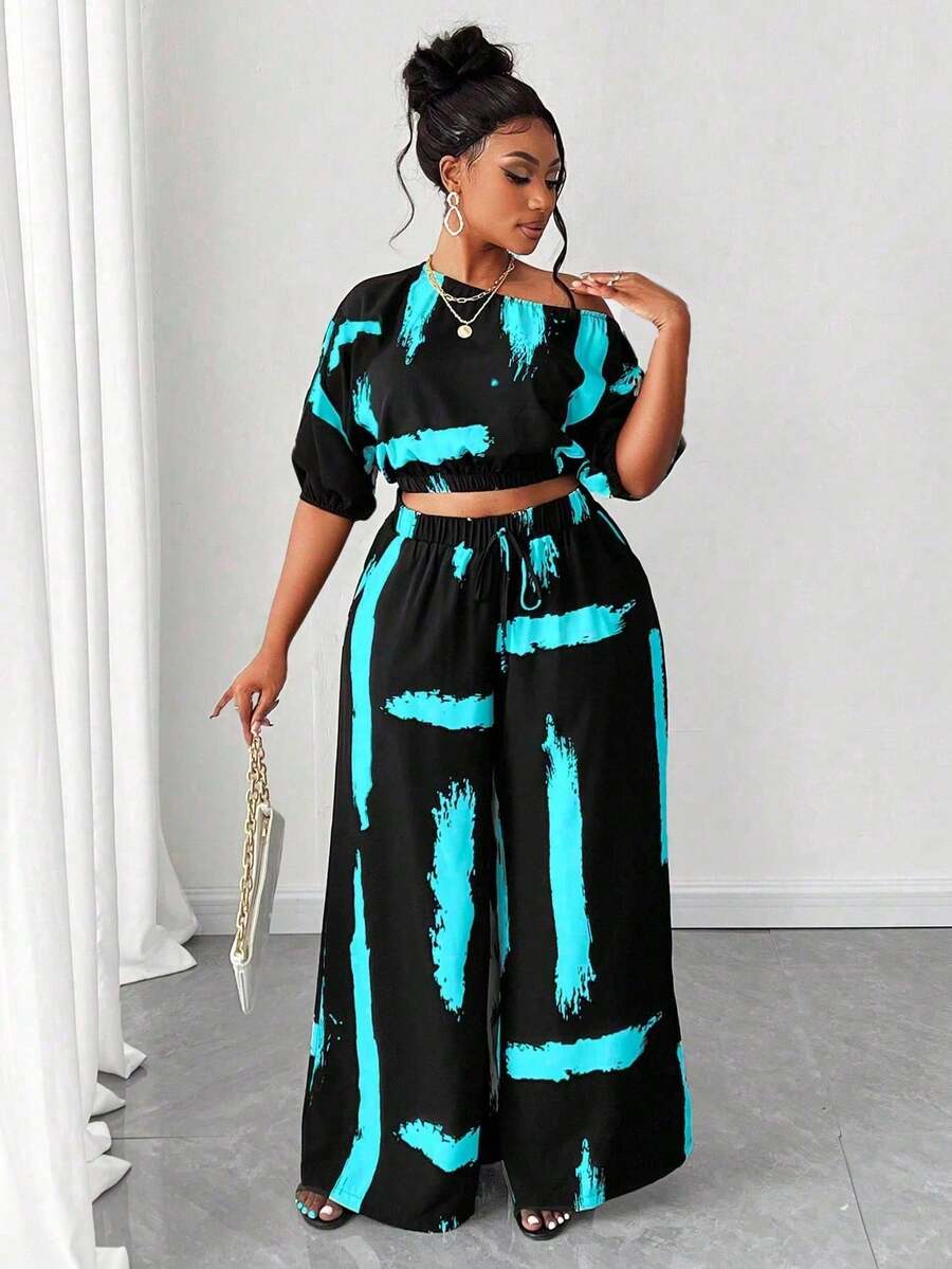 Maweii Plus Size Fashionable Asymmetric Collar Printed 2 Pieces Set - Multicolor - View 1