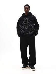 SUMWON Rhinestone Cross Pattern Oversized Pullover Hoodie With Sparkling Star Embellishments Winter Sweatshirt Casual - Black - View 4