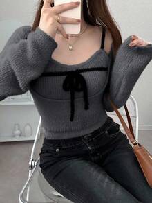 FRIFUL 女式杏色纯色内袋无袖夹克，长袖撞色抽绳蝴蝶结针织毛衣两件套，秋季