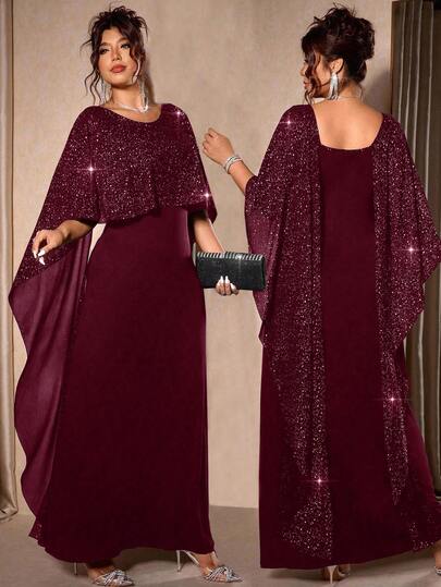 Cravure Plus Size Women's Solid Black Knit Patchwork Metallic Shiny Chiffon Fabric Round Neck Fitted Elegant Romantic Party Dress, Autumn/Winter