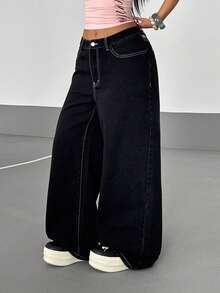 SHEIN Tall 女士口袋纽扣十字刺绣图案休闲百搭日常穿着阔腿牛仔裤 - 黑色 - 查看 4