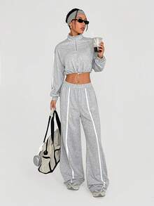 Dewbera 2PC Women's Zip-Up Half-Placket Long Sleeve Cropped Sweatshirt And Wide-Leg Pants Casual Sports Suit Era By Dj Zinhle Tall Two Piece Set Y2k Co Ord Set Women Casual Two Piece Set Grey Two Piece Set Women S Two Piece Set - Light Grey - View 3
