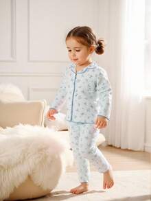 2pcs Girls Spring/Autumn Comfortable & Fashionable Cardigan Long Sleeve Top And Pants Homewear Set - Baby Blue - View 7