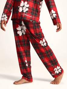 SUMWON 女童红色格子舒适贴身睡衣套装，白色芙蓉花印花长袖纽扣上衣和配套长裤，适合假日家庭睡衣、兄弟姐妹亲子装、儿童休闲度假睡衣 - 彩色 - 查看 5