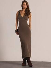 MUSERA Plunge Neck Hooded Sleeveless Knit Split Maxi Dress Winter Casual Going Out Everyday Night Out Sexy Cute Cosy Elegant Party - Coffee Brown - View 1