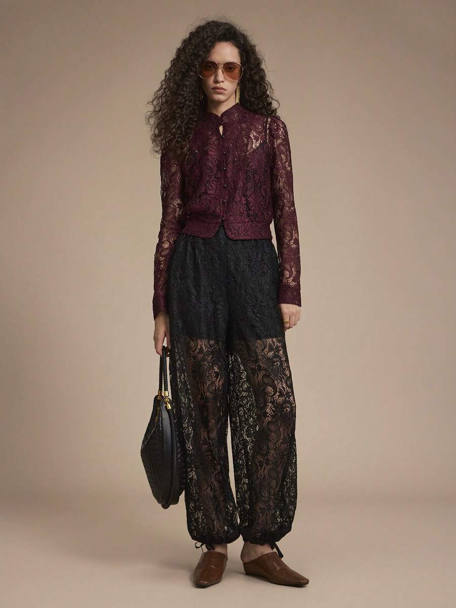 Florisole Women's Mandarin Collar Raglan Sleeve Lace Top And Pants 2 Pieces Set, Fashionable And Elegant Romantic - Multicolor - View 1