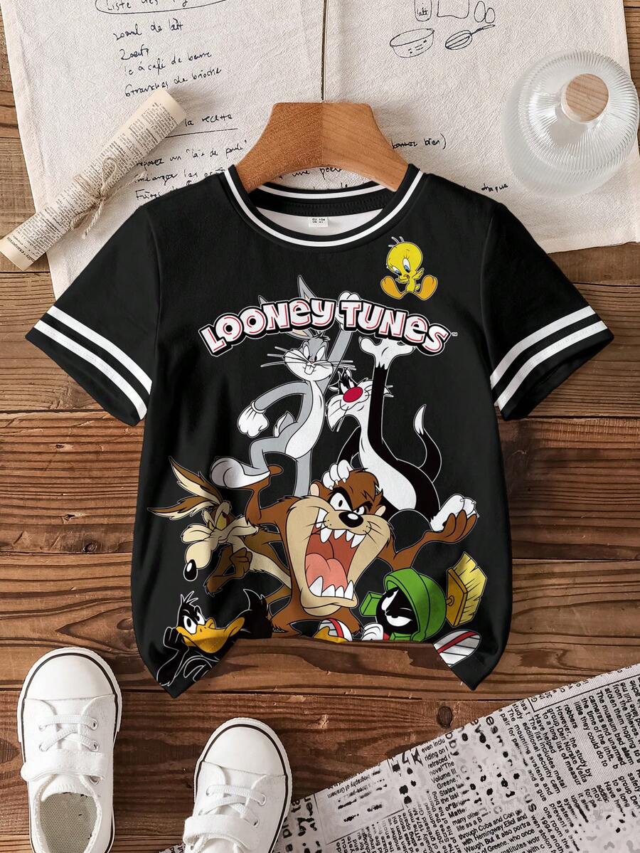 LOONEY TUNES X SHEIN Young Boy Casual Contrast Striped Cartoon Graphic Round Neck Short Sleeve T-Shirt, Summer - White - View 1