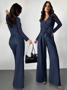 Firerie Elegantes, minimalistisches Damen-Wickelkragen-Ärmellos-Weste + Hochtaillierte, plissierte Weite Bein Hose Anzug, Büro-Pendler-Outfit, Damen Lange Hose Langarm Anzug, Navy Blau Hosenanzug, Frühling Herbst Winter Bekleidung, Elegant, Pendler, Arbeitsoutfit, Damen Lehrerin Uniform