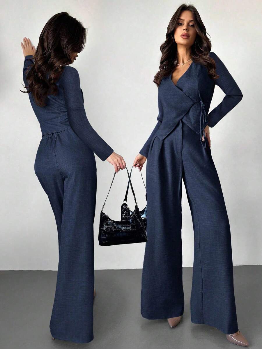 Firerie Elegantes, minimalistisches Damen-Wickelkragen-Ärmellos-Weste + Hochtaillierte, plissierte Weite Bein Hose Anzug, Büro-Pendler-Outfit, Damen Lange Hose Langarm Anzug, Navy Blau Hosenanzug, Frühling Herbst Winter Bekleidung, Elegant, Pendler, Arbeitsoutfit, Damen Lehrerin Uniform