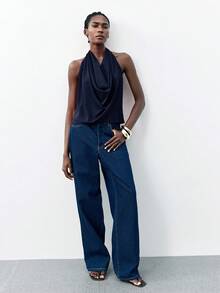 Maija 时尚性感纯色深V领露背吊带上衣 - 藏蓝色 - 查看 3