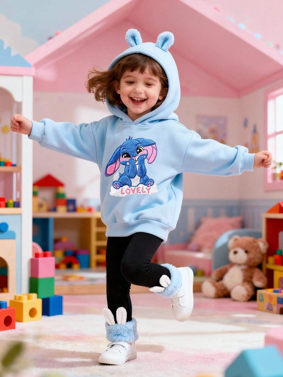 SHEIN Playful Pals 年轻女孩可爱蓝色兔子羊毛贴花运动衫和松紧腰裤,适合返校季的个性化设计 - 淺藍色 - 查看 1