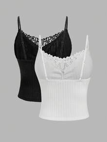 Velvienne 大码女式罗纹花卉蕾丝花边优雅吊带背心，秋冬 - 黑與白 - 查看 2