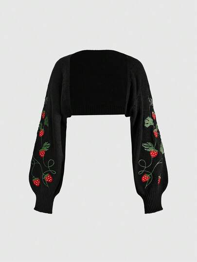 Women's Cropped Strawberry Vine Embroidery Pattern Cardigan