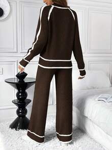 SHEIN LUNE 2pcs Women Casual Loose Contrast Color Sweater Set - Coffee Brown - View 2