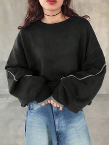 FRIFUL 女式深灰色撞色蓝边圆领落肩长袖宽松休闲百搭毛衣，秋季 - 黑色 - 查看 2