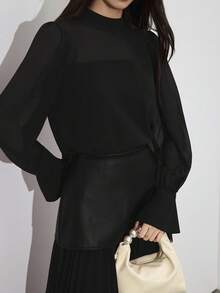 Heiryn 2件套女士优雅雪纺长袖上衣和百褶裙套装，秋季 - 黑色 - 查看 6