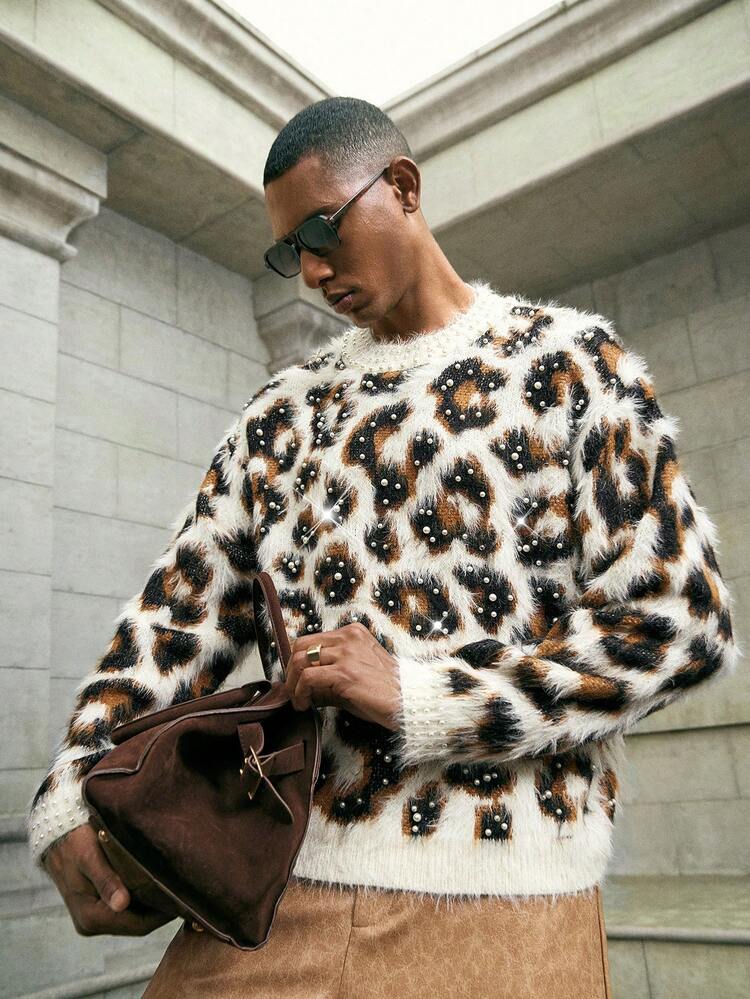 AKNOTIC Brand Men's Autumn/Winter Fashion Leopard Print Studded Decor Crew Neck Sweater Men Knit Men's Knit Floral Men Animal Print Men Cheetah Print Men Leopard Print