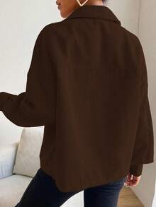 Serisse Women's Solid Color Drop Shoulder Long Sleeve Single-Breasted Cargo Pocket Casual Jacket In Fall/Winter Brown