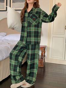 DAZY Women's Plaid Embroidered Strawberry Pattern Pajama Set, Autumn/Winter - Green - View 7