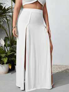 SHEIN VCAY Plus M-Slit Thigh Solid High Waist Skirt - White - View 4