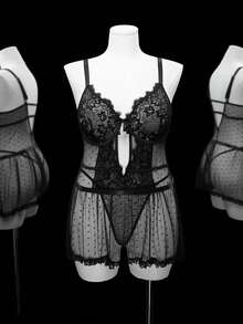 大码两件套蕾丝内衣套装 - 黑色 - 查看 6