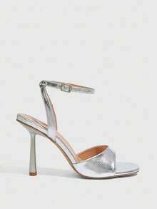 CUCCOO SZL Women's Fashionable Silver Ankle Strap Sexy Strappy Square Toe Stiletto High Heel Sandals, Suitable For Commute, Date, Party, Wedding, Vacation
