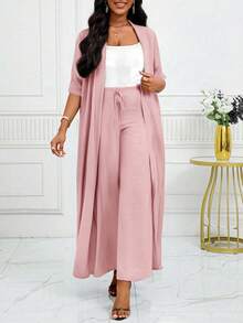 SHEIN Lady 女士优雅休闲通勤度假简约纯色长款开衫外套搭配宽松直筒裤两件套四季皆宜 - 藕粉色 - 查看 8