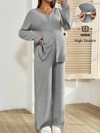 SHEIN 两件套孕妇装：纯色落肩长袖纽扣上衣和可调节腰围长裤，休闲款