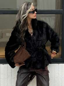 DAZY Áo khoác lông nhân tạo dáng rộng cho nữ, dài vừa phải, thiết kế mới cho mùa thu/đông - màu đen - Xem 7