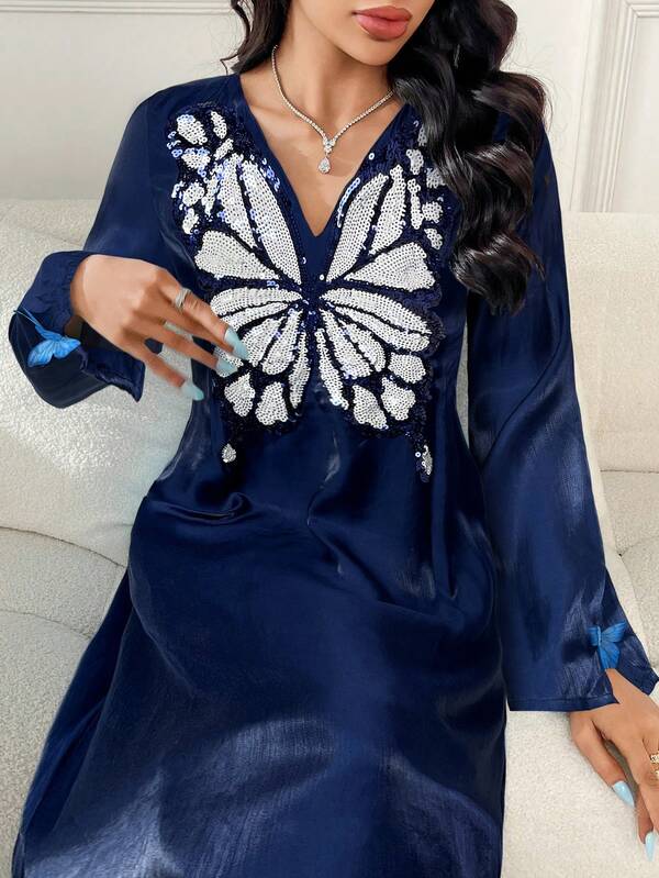Yasmyna Women's Elegant V-Neck Long Sleeve Arabic Dress With Butterfly Sequin Pattern Butterfly Mukhawara Dresses For Women