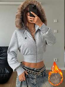 Coolane 女士秋冬街头服饰 基本款日常休闲运动 Y2K 刺绣图案修身长袖短款拉链连帽衫 运动衫 - 淺灰色 - 查看 1