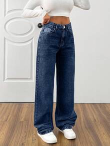 EURMUSE HIGH WAIST CASUAL STYLE DENIM STRAIGHT - Dark Wash - View 4