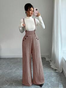 Elenzga Women's Fashion Commuter Houndstooth Strap Wide Leg Jumpsuit - Coffee Brown - View 9