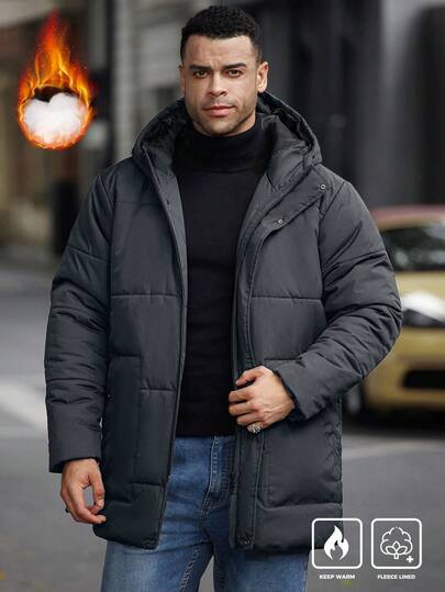 Manfinity Homme Plusstorlek herr långärmad casual enfärgad vinterjacka med huva, mångsidig för vintern