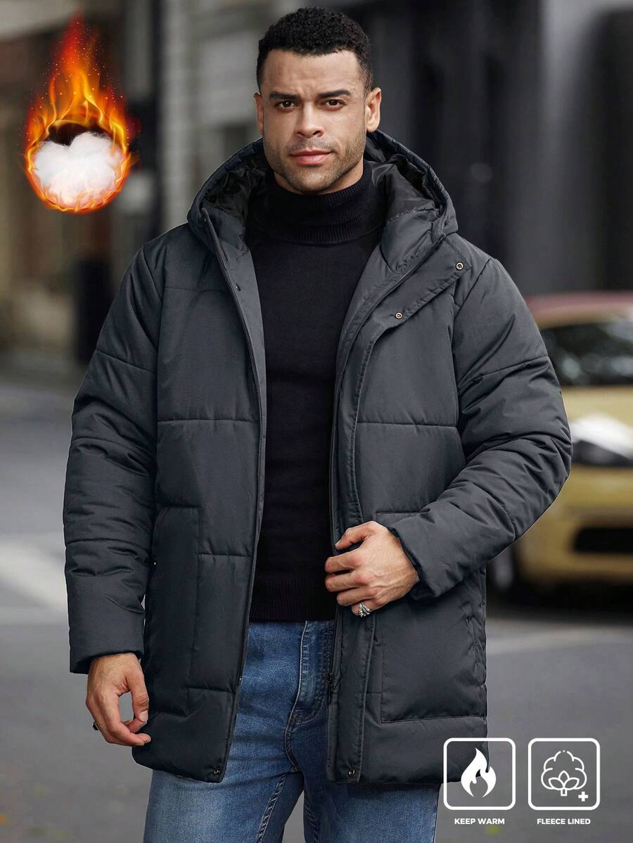 Manfinity Homme Plus Size Men's Long Sleeve Casual Solid Color Hooded Winter Coat, Versatile For Winter - Dark Grey - View 1