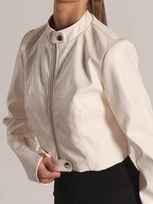 MUSERA 漏斗领纽扣宽松拉链PU短款外套，冬季休闲外出日常夜生活性感可爱舒适 - 奶油色 - 查看 5