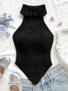 Soleia Casual High Neck Sleeveless Asymmetrical Hem Fitted Knit Vest Cute Black Top Black Body Suit - Black - View 4