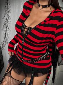 Whyspr Plus Size Punk Y2K Striped Bunny Ear Hooded Zip-Up T-Shirt - Multicolor - View 4
