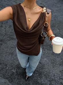 Siren Gaze Women's Asymmetric Neck Draped Ruched Waist Blouse, Sexy Elegant Office Lady Top, Featuring Metal Button Decor On Shoulder, Fashionable, Commute, Elegant, Sexy, Holiday, Beach, Hawaii, Draped Neck, Outerwear Brown Summer Casual - Coffee Brown - View 4