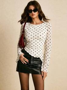 Poéselle Women's Elegant Commuter Polka Dot Flare Sleeve Asymmetric Hem T-Shirt Full Sleeve Tops Bell Sleeves Polkadot Top Romwe Tops Bell Sleeves Top,Fall,Fall Clothes For Women