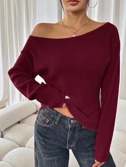 SHEIN SXY Plus Size Women's Fall & Winter,Spring&Summer Elegant Gorgeous Glamorous Sexy Basic Solid Asymmetrical Neckline Casual Long Sleeve Sweater, Leisure Christmas Halloween New Year Asymmetrical Top