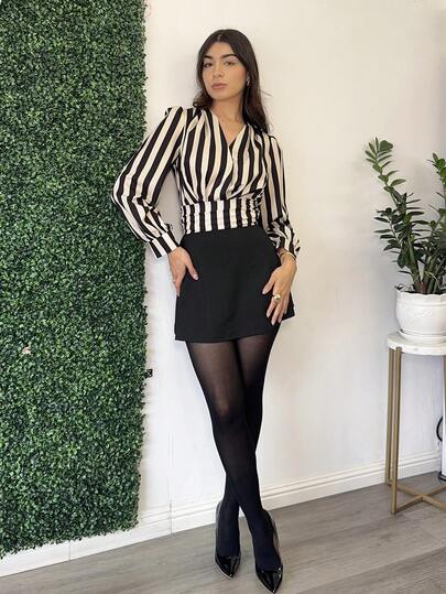 Andrea Bello Women's Stripe Ruffle Waist Long Sleeve Stylish Blouse (Assorted Patterns) Fall Cloth For Women