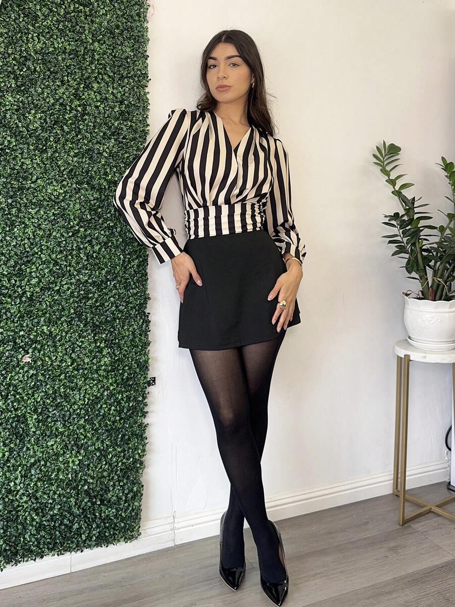 Andrea Bello Women's Stripe Ruffle Waist Long Sleeve Stylish Blouse (Assorted Patterns) Fall Cloth For Women