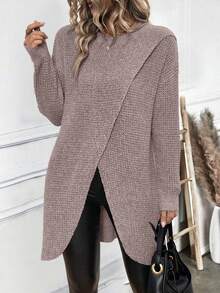 SHEIN LUNE Women's Elegant Long Textured Split Knit Top - Dusty Pink - View 4