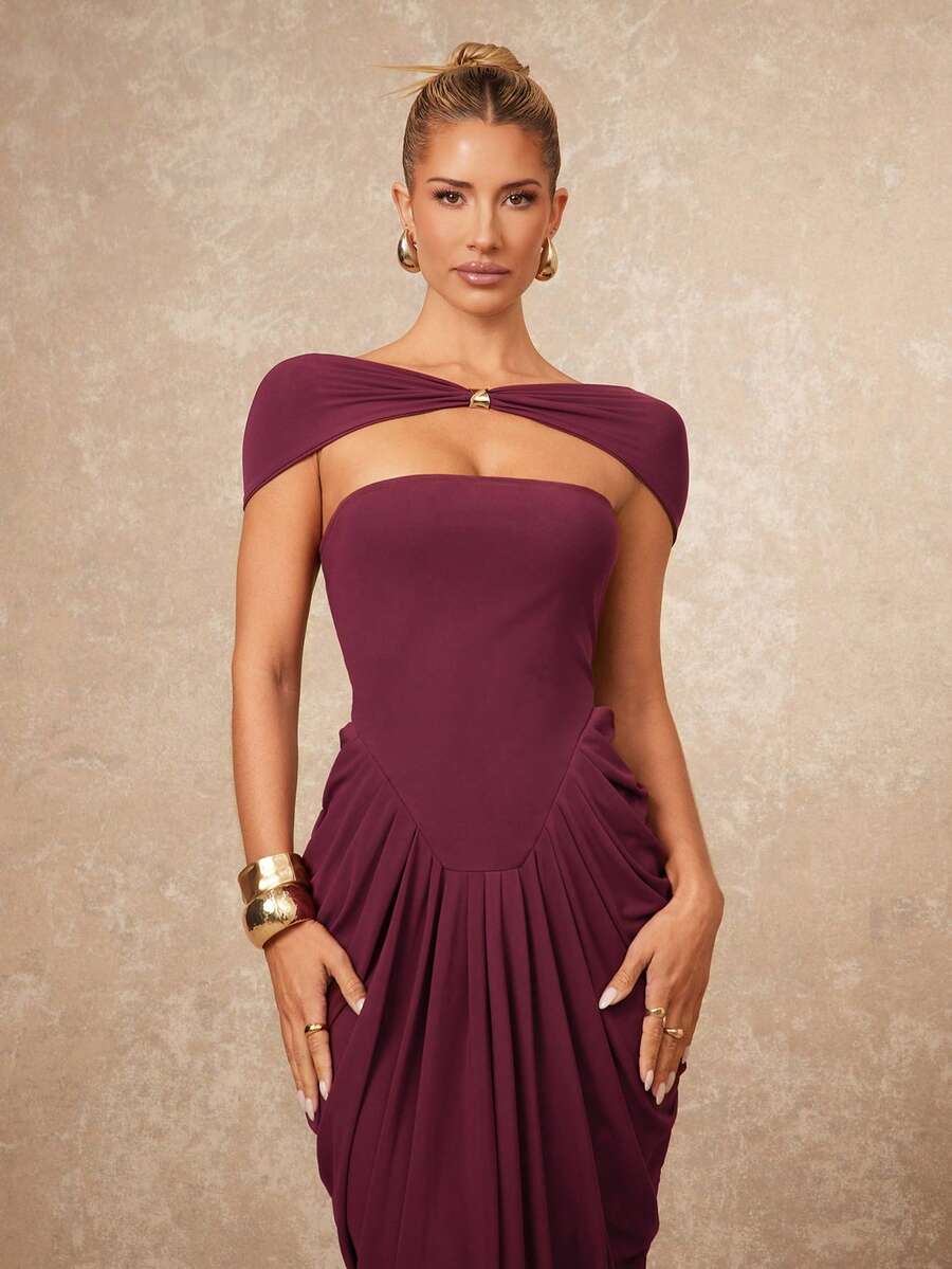 Lumalex 早春情人节浪漫金属装饰抹胸褶皱连衣裙，适合派对、宴会、正式场合、新年夜等优雅场合。