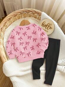 2pcs/Set Baby Girl Casual Loose Thick Soft Round Neck Long Sleeve Sweatshirt And Leggings Set, Black & Cream Pink, Cute Cartoon Cat, Leopard Bow Print, Suitable For Autumn & Winter