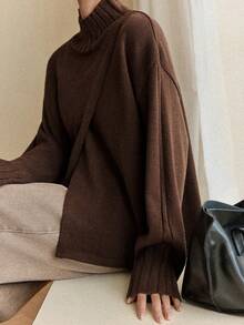 Dazy-Less 女士宽松商务休闲时尚棕色街头风优雅斜襟高领针织毛衣，适合秋冬季、新年、圣诞节穿着 - 棕色 - 查看 5