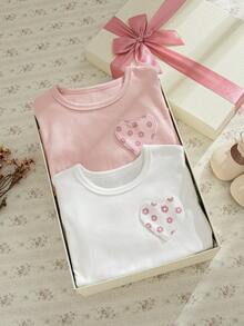 Souflis Souflis 2 Stücke Set Vintage-Top im französischen Stil mit zartem Blumenmuster, Rundhalsausschnitt und langen Ärmeln, vielseitige Basic-Bluse für Freizeit, Zuhause und Outdoor, Mädchen - Verschiedenfarbig - Übersicht 1