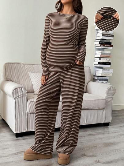 SHEIN Autumn And Winter Striped Fitted Set: Round Neck Long Sleeve T-Shirt And Adjustable Waist Wide Leg Pants Brown 2 Piece Set Two Piece Set Women Comfy Modest Two Piece Set Two Piece Lounge Set Comfortable Two Piece Set